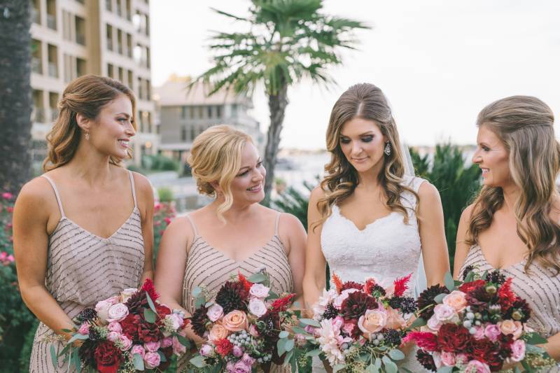 Bride and bridesmaids in gold dresses