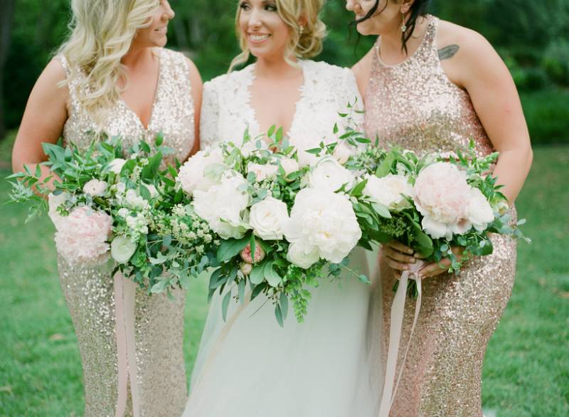 Sparkly bridesmaid dresses and bridal bouquets