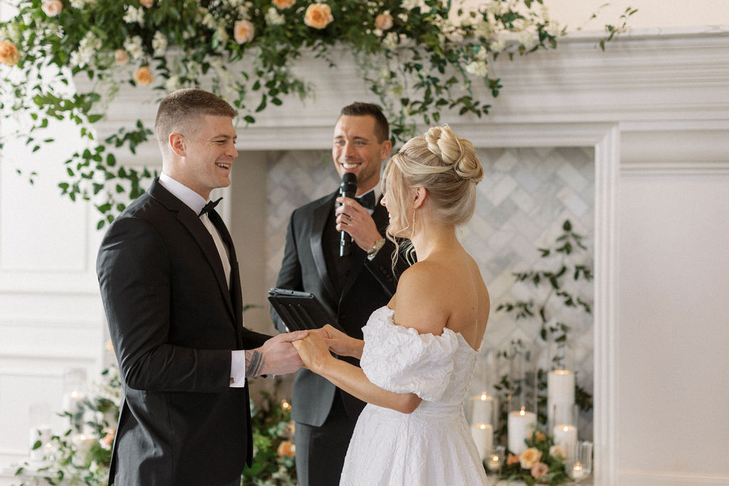 wedding ceremony, bride, groom, officiant