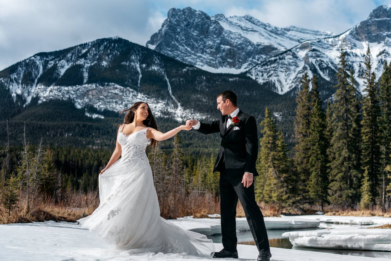 the groom turns the bride