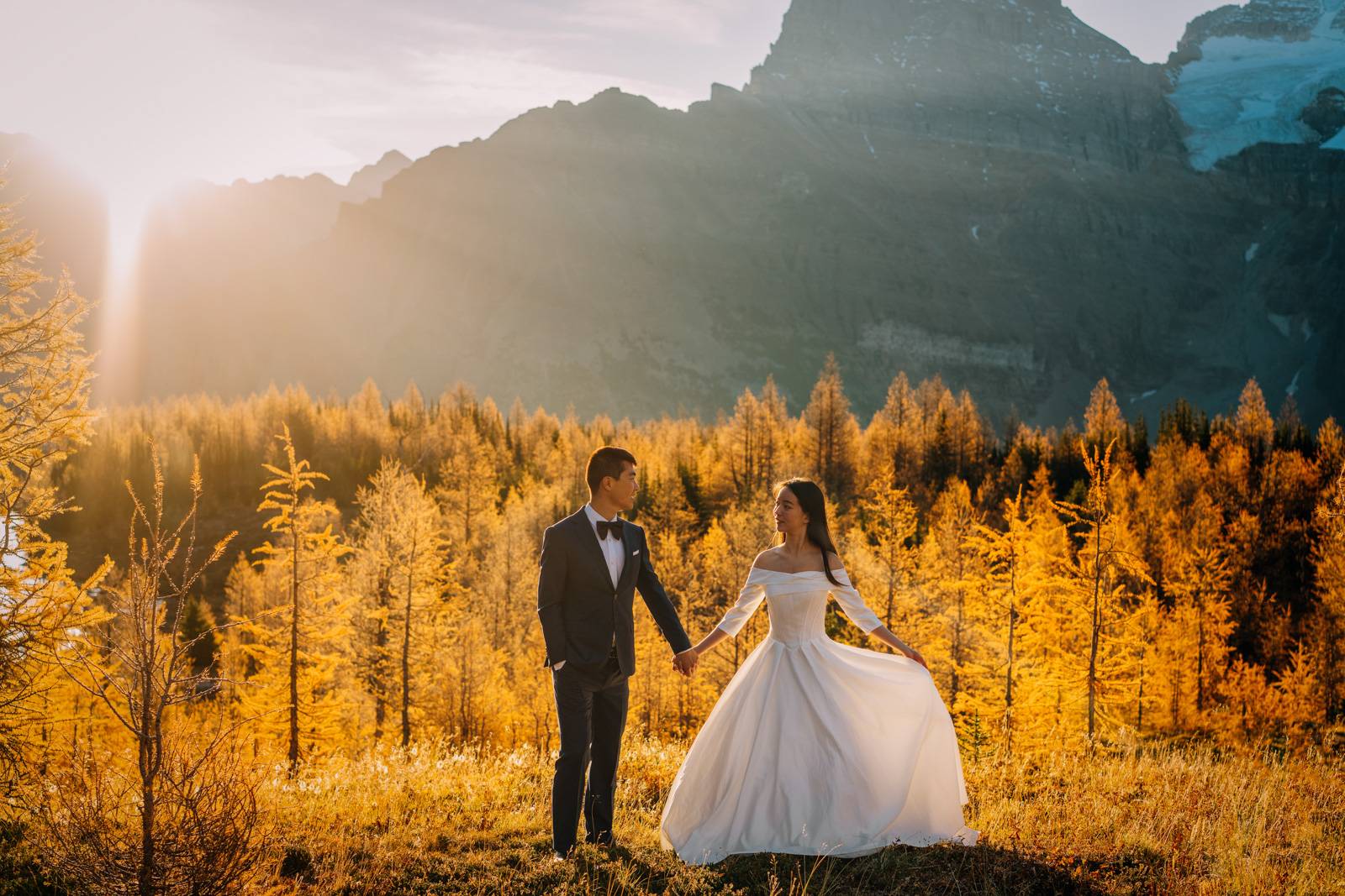 bride and groom after night hike