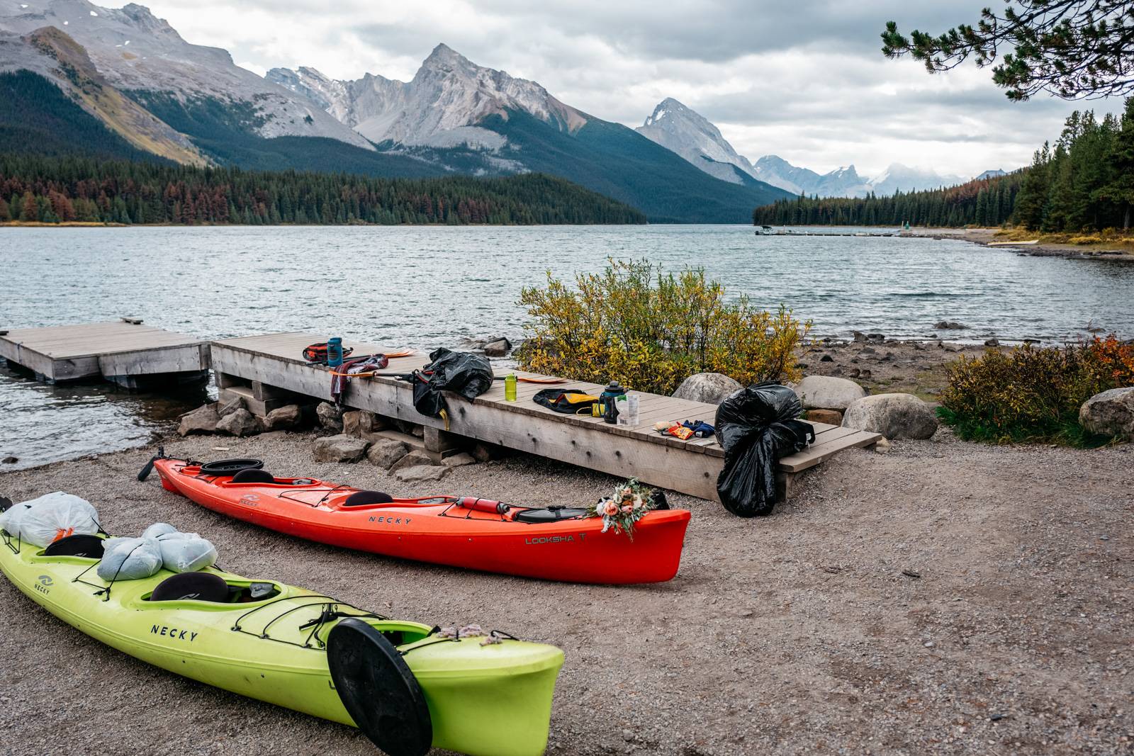 green and red kayak at Maligne Lake