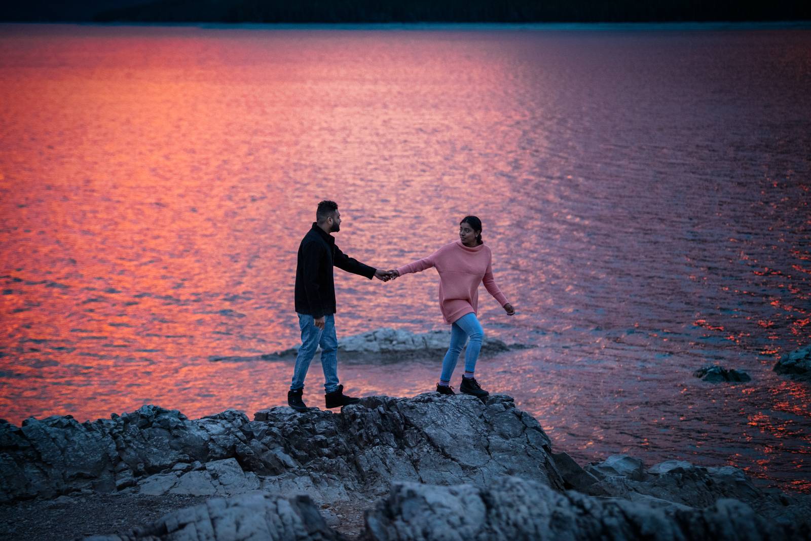 colortful sunrise at lake minnewanka