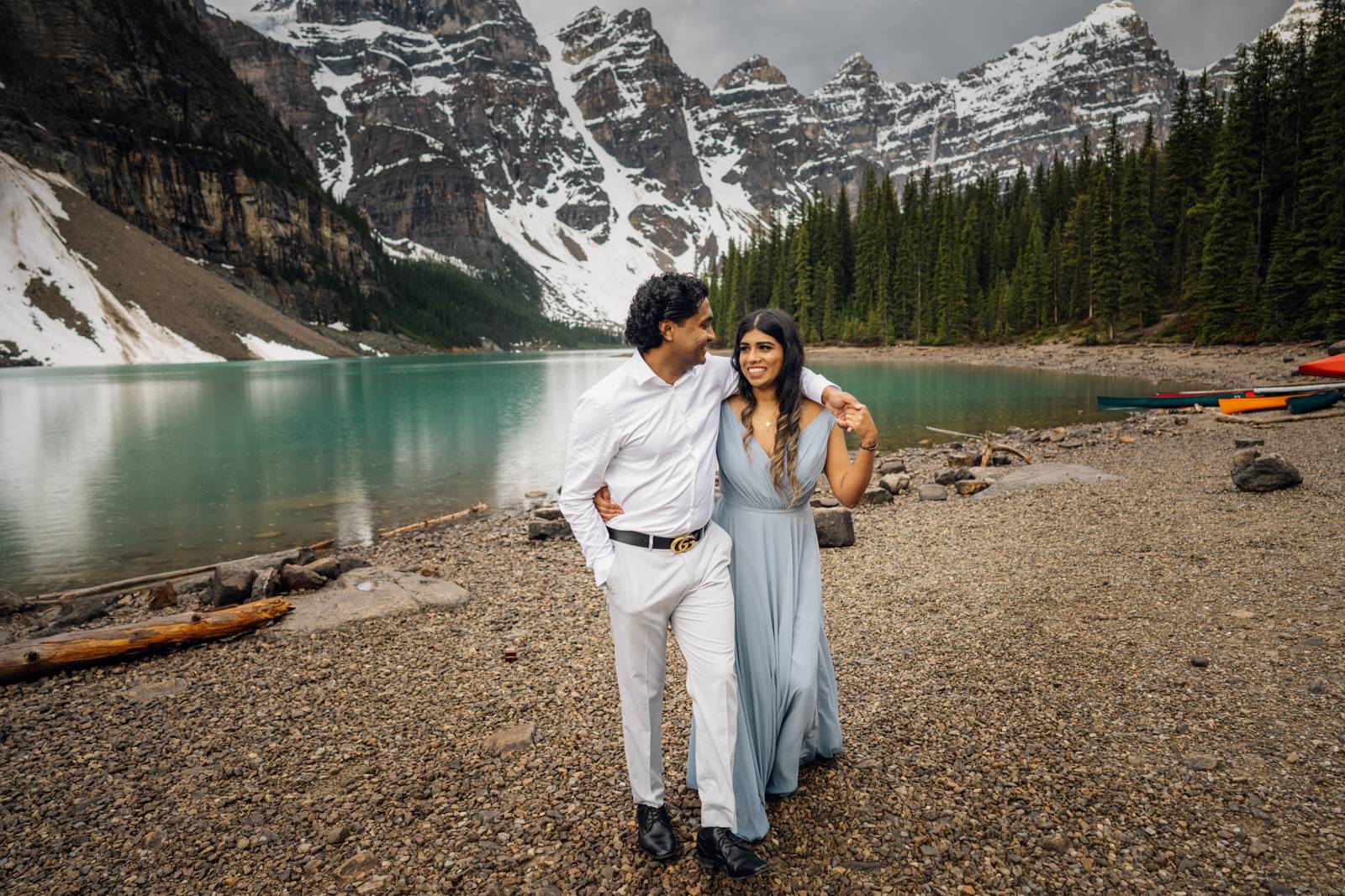 couple strolling at moraine lake