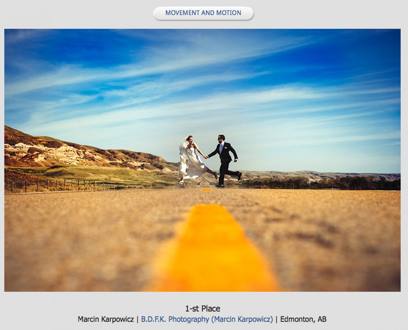 bride and groom running on the empty road