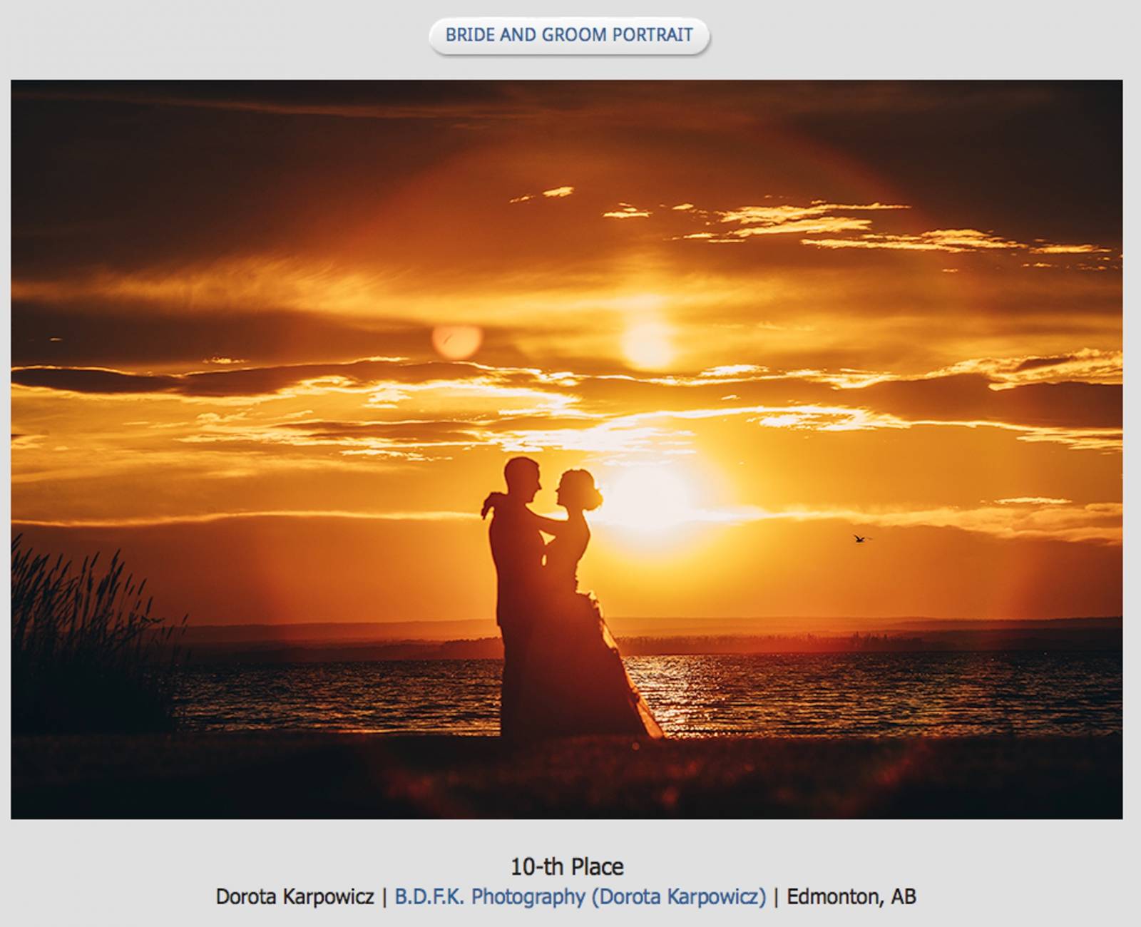 sunset portrait of bride and groom at the lake