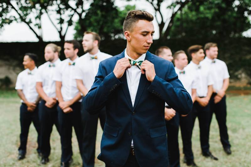 groom style, blue suit with tropical tie