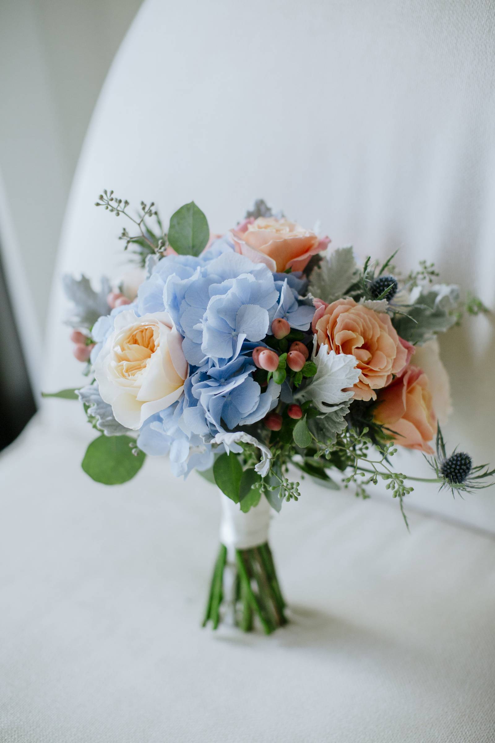 periwinkle and peach wedding bouquet