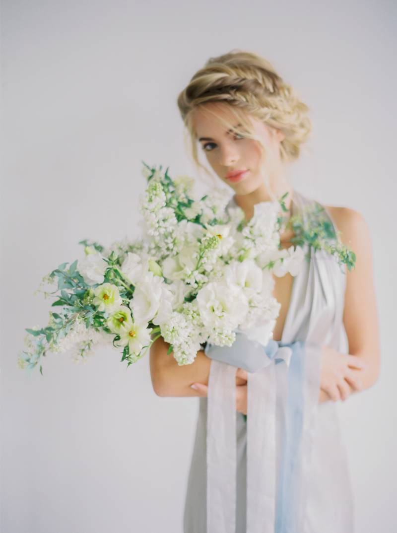 Ice Blue Gown, White Organic Bouquet, Romantic Bridal Hair Style