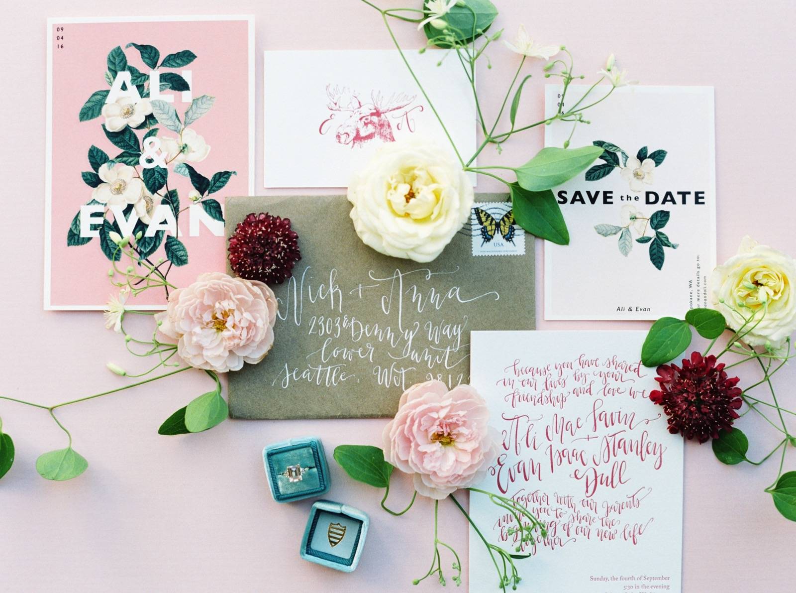 botanical wedding stationery and modern calligraphy
