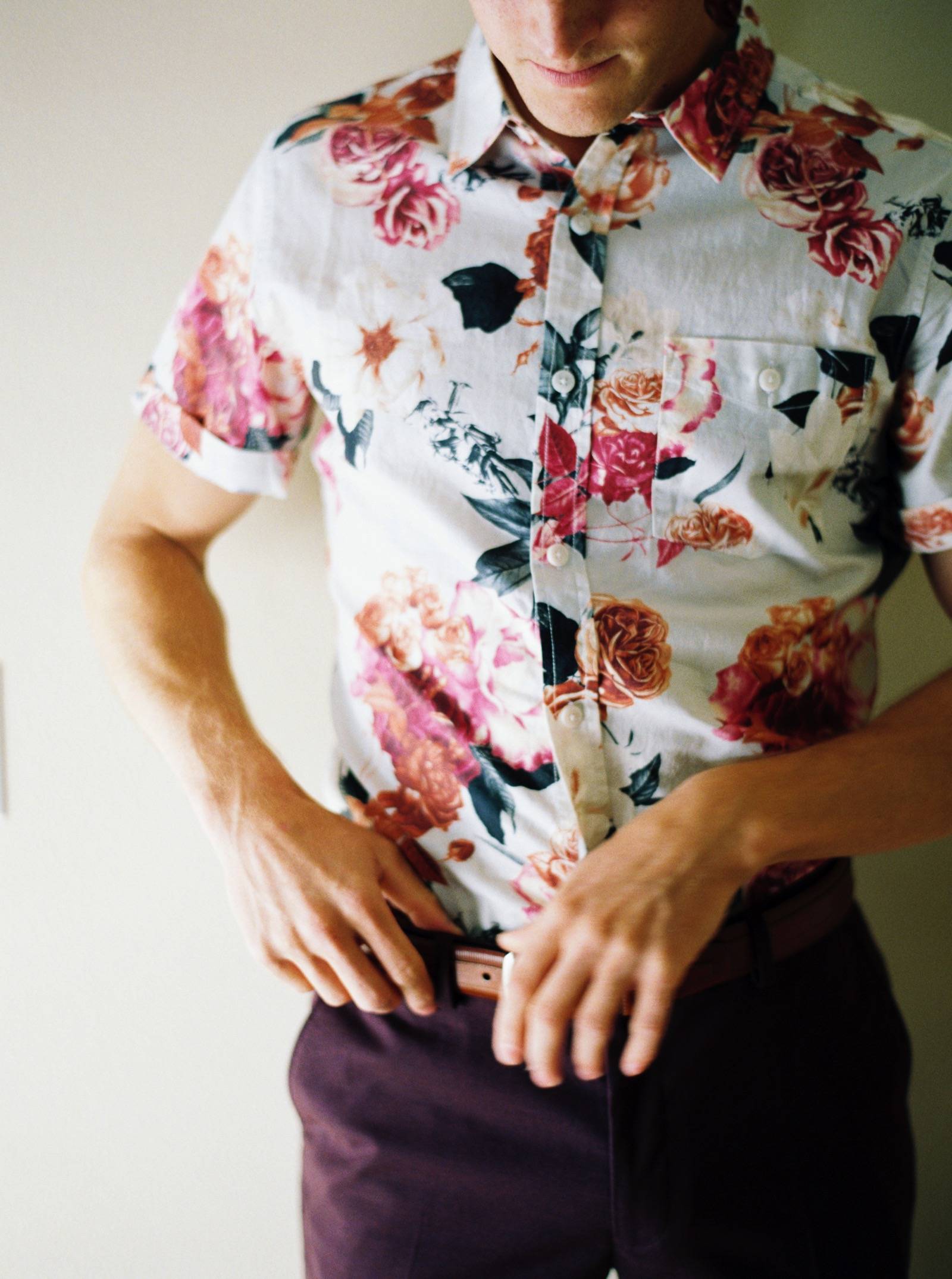 groom style, floral button down shirt