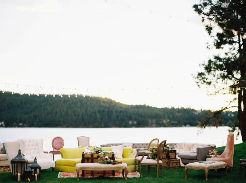 Modern forest lake bohemian outdoor wedding