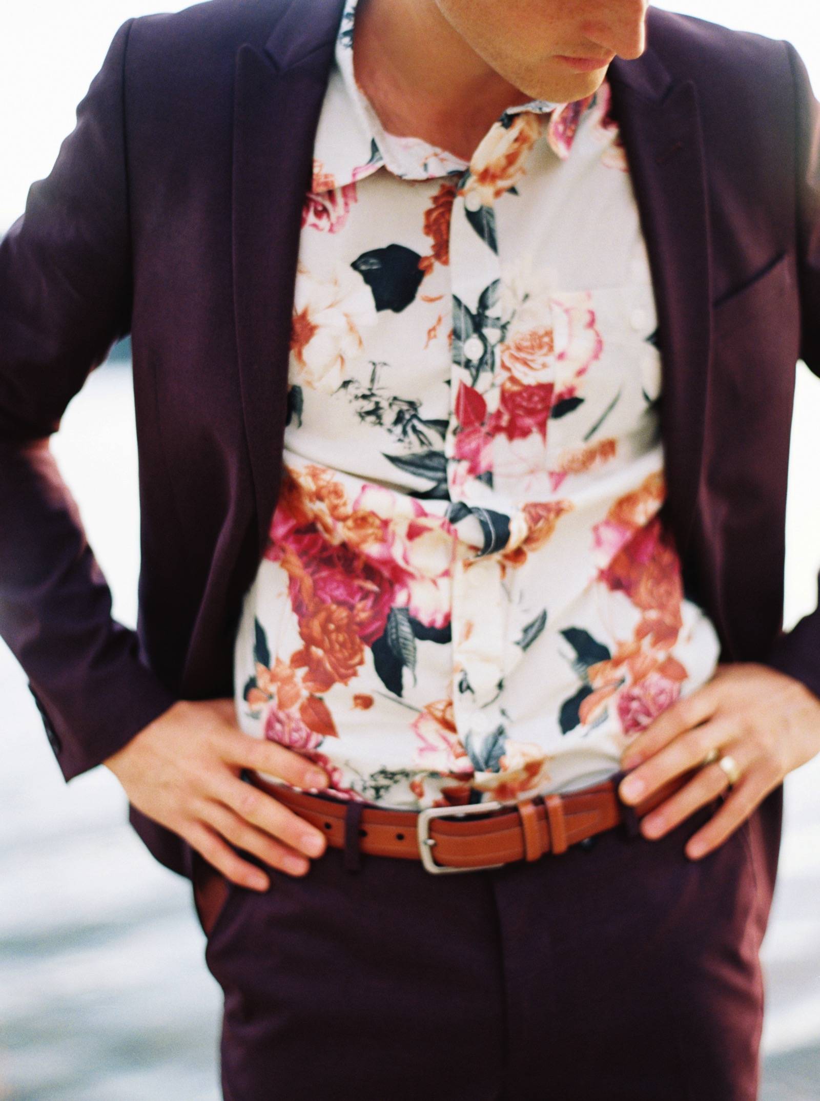 groom style, floral button down shirt with deep purple suit