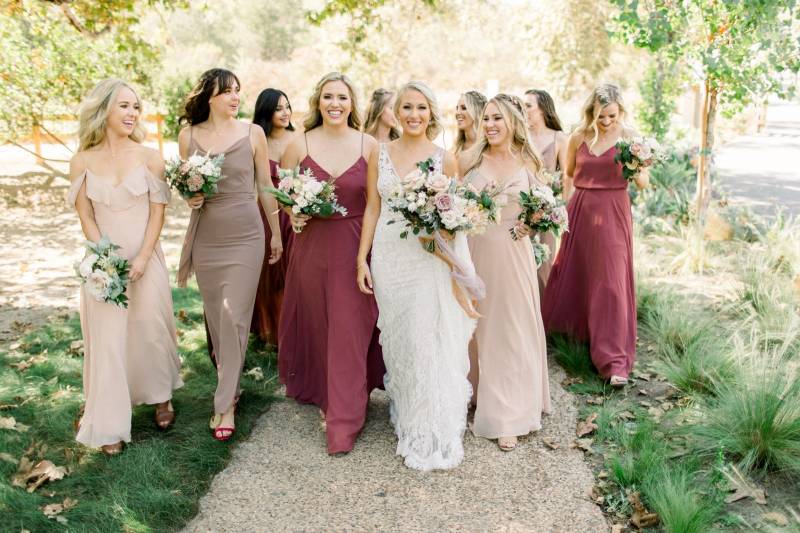 long mismatched neutral bridesmaid dresses