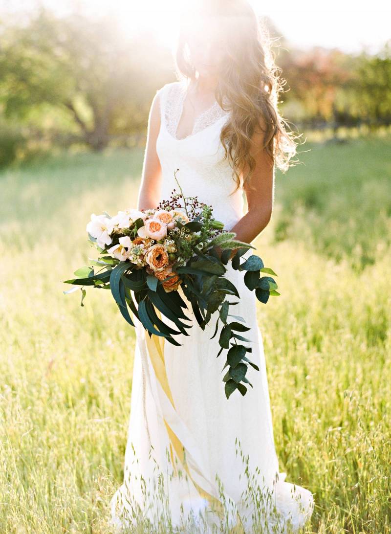 wild bouquet, organic flowers, peonies, greenery, wedding bouquet, wedding flowers, white dress, out