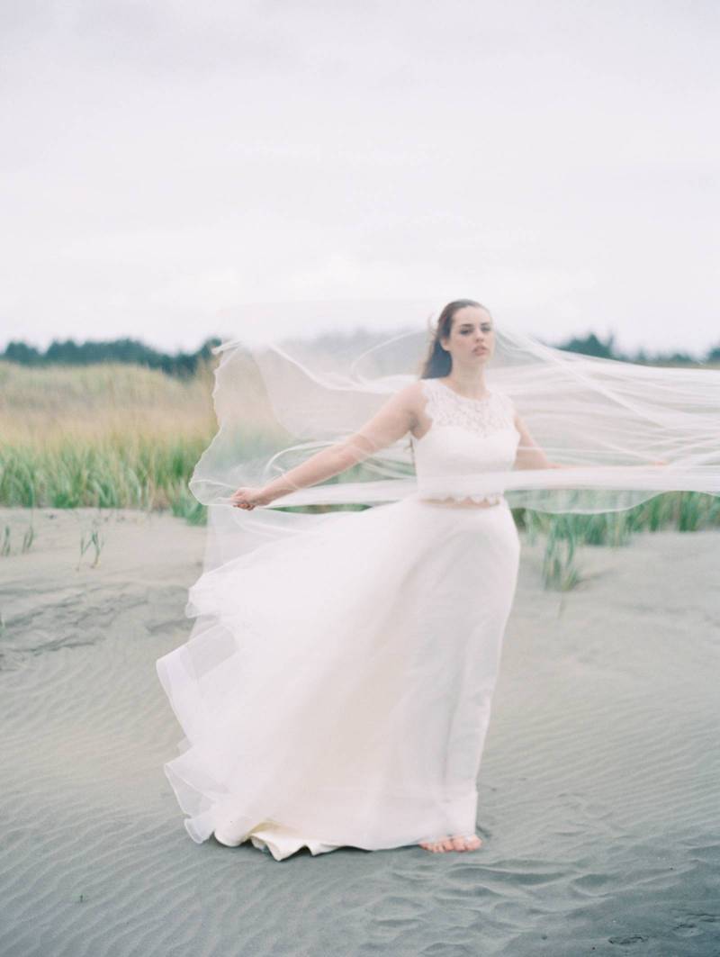 organic, beach wedding, bride, veil, two-piece dress, wedding dress, rustic, bohemian, tulle skirt