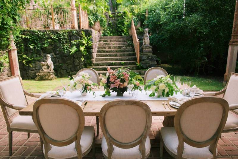 farm table, haiku mill, elegant wedding, pink flowers, roses, organic floral centerpiece, old world,