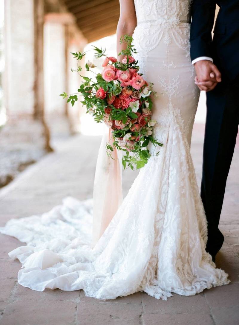 pink wedding bouquet, Inbal Dror gown