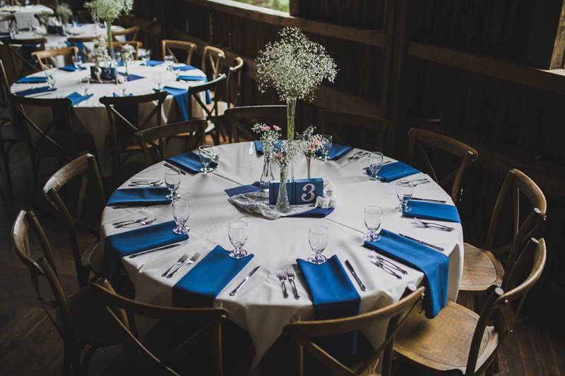 table, table decor, round table ideas, seating, reception seating, babys breath blue wedding