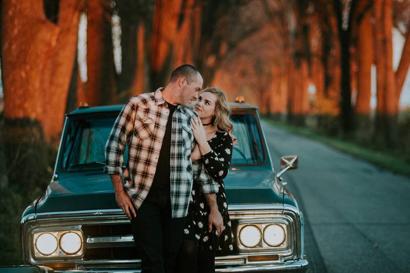 anniversary shoot, engagement shoot, backroad, wisconsin country, vintage truck, weary road shoot