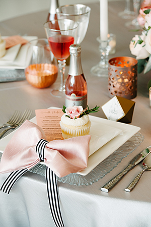 rose gold, copper, bubbly, table setting