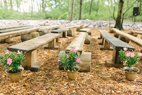 ceremony seating, wood benches, ceremony, woods wedding