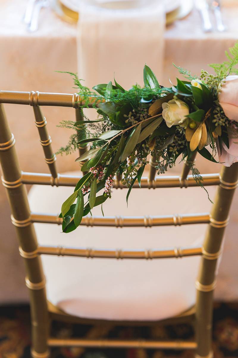 chair decor, chair flowers, floral gold chairs