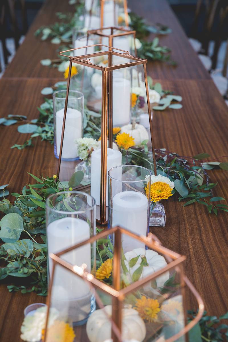 harvest table, wood table, wood decor, natural wedding decor, copper wedding, copper lanterns, weddi