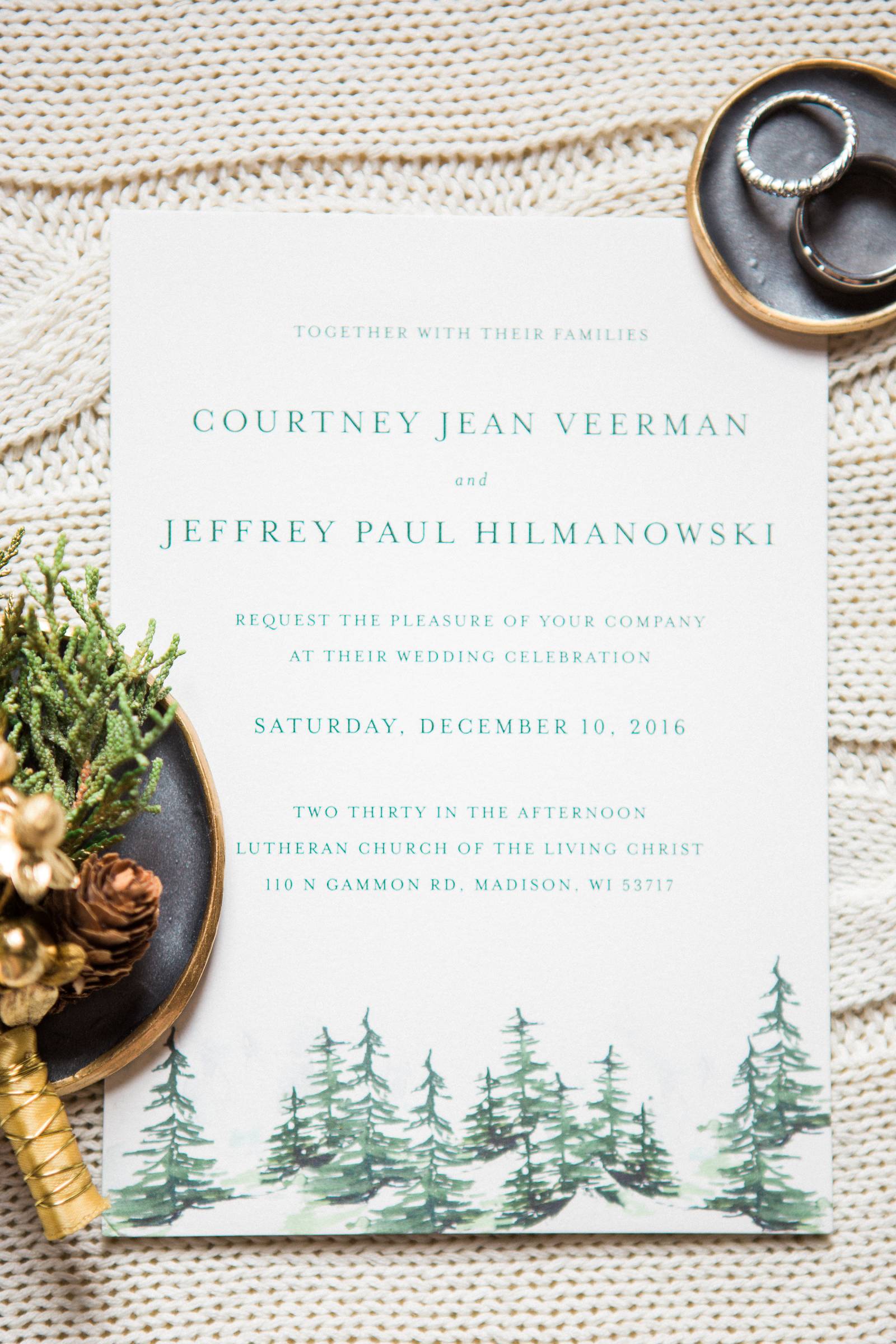 winter wedding invitations, winter wedding invite, pine tree invitations, evergreen invitations, chr