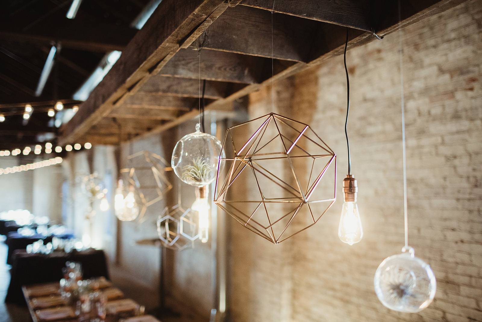geometric hanging pendant, hanging lights, industrial warehouse wedding decor