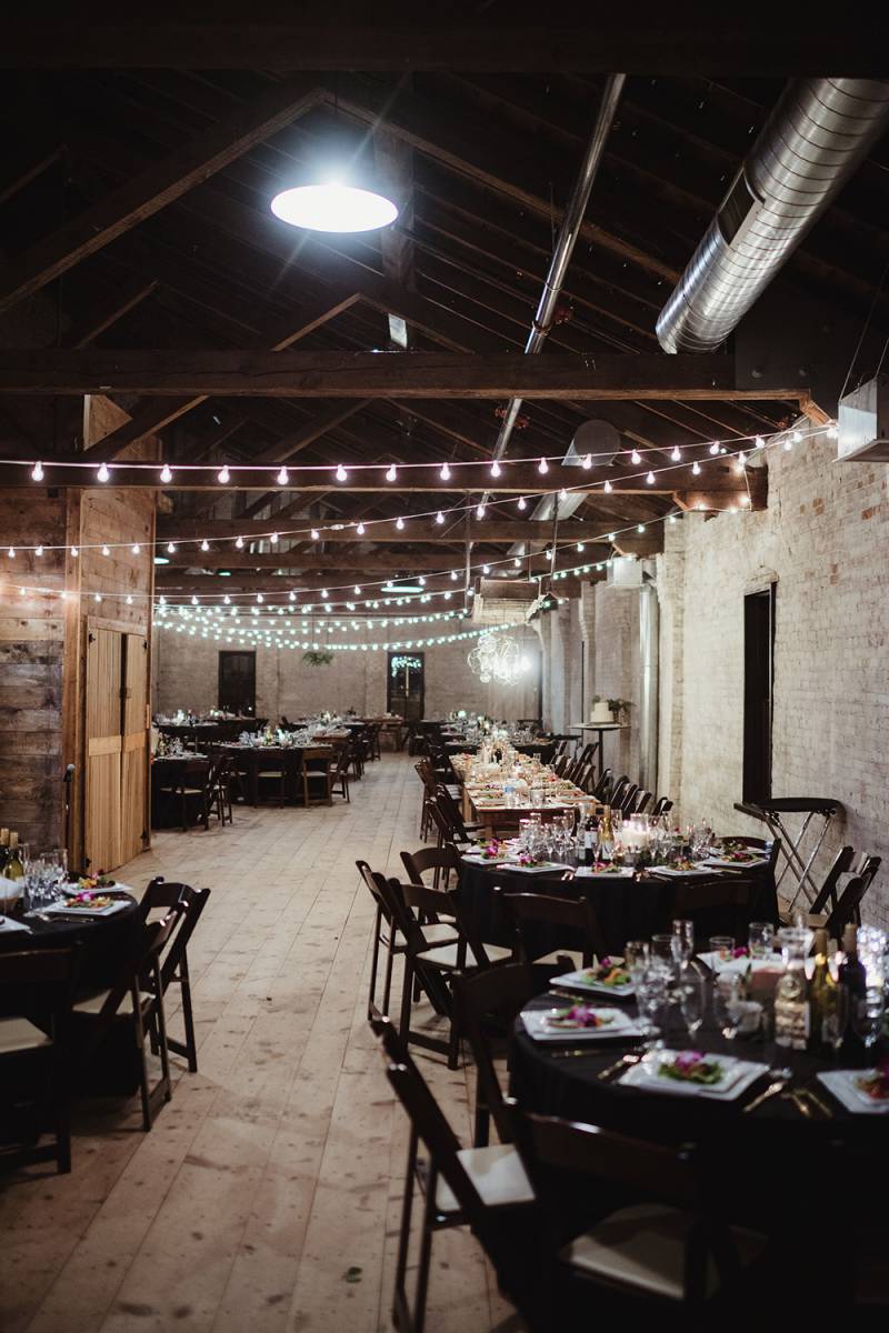 industrial warehouse wedding reception, cafe lights, lighting