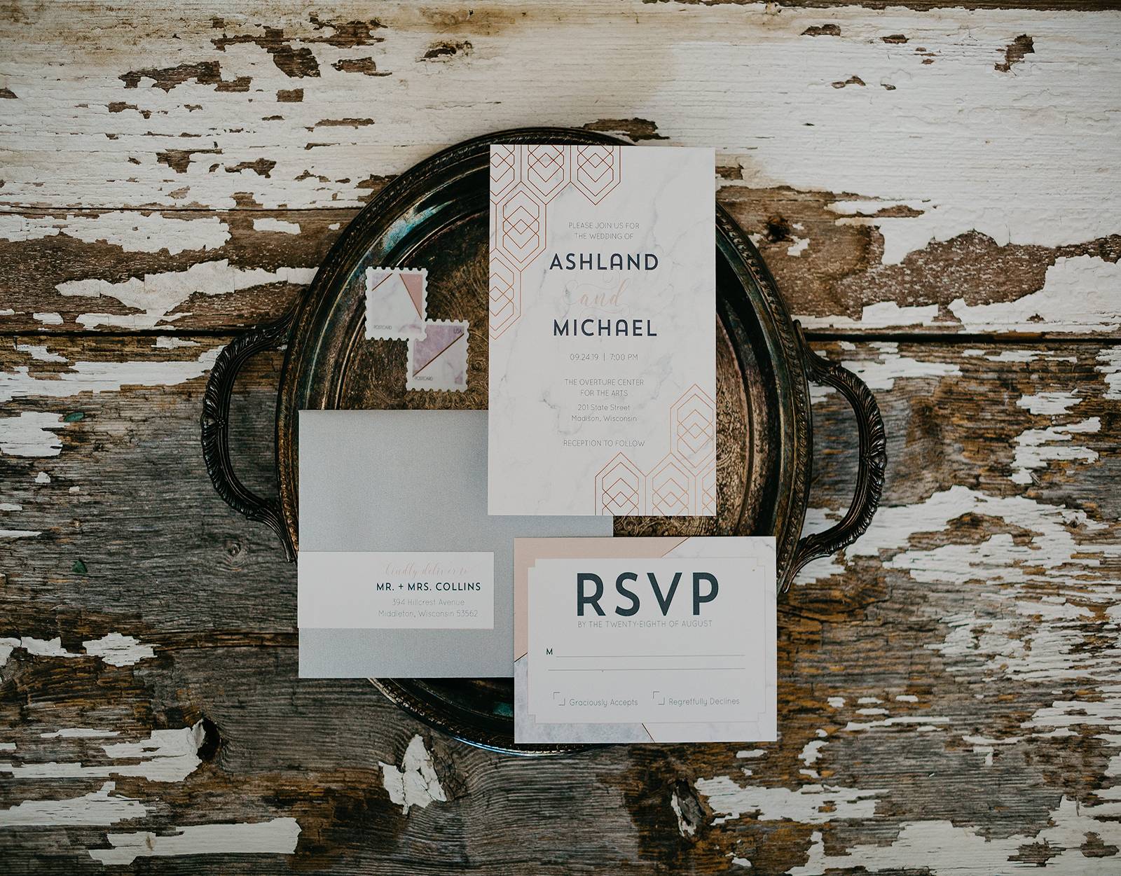 geometric rose gold copper grey gray marble wedding invitation, invitations, invites paper goods sta