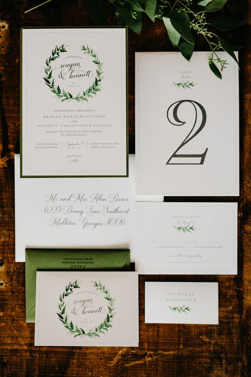 white greenery wedding invitation invites invitation suite table number