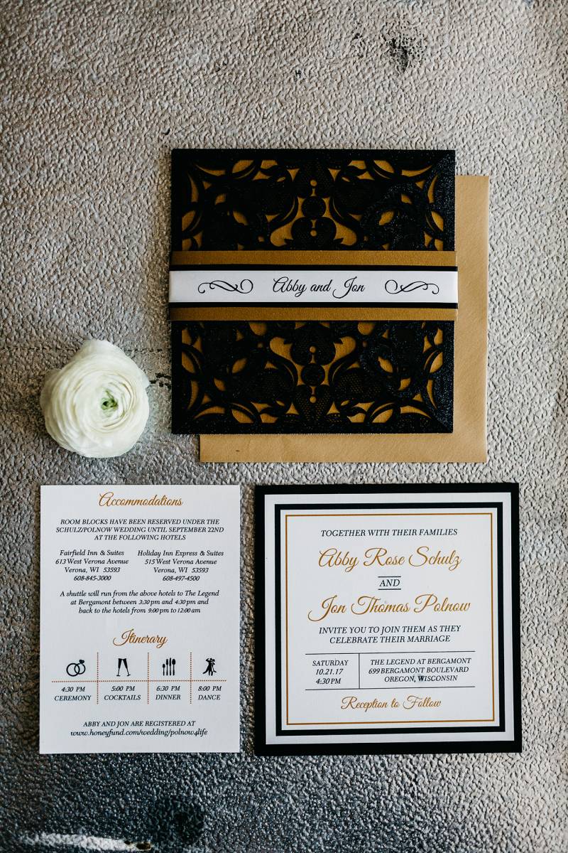 black white gold wedding invitation invites invitation suite menu timeline wedding events stationery