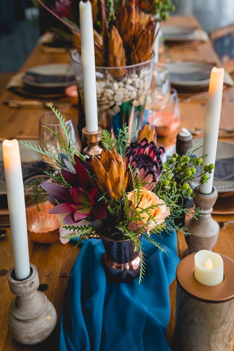 grey gray candles, orange, peach pink floral centerpieces, tablescape, table decor