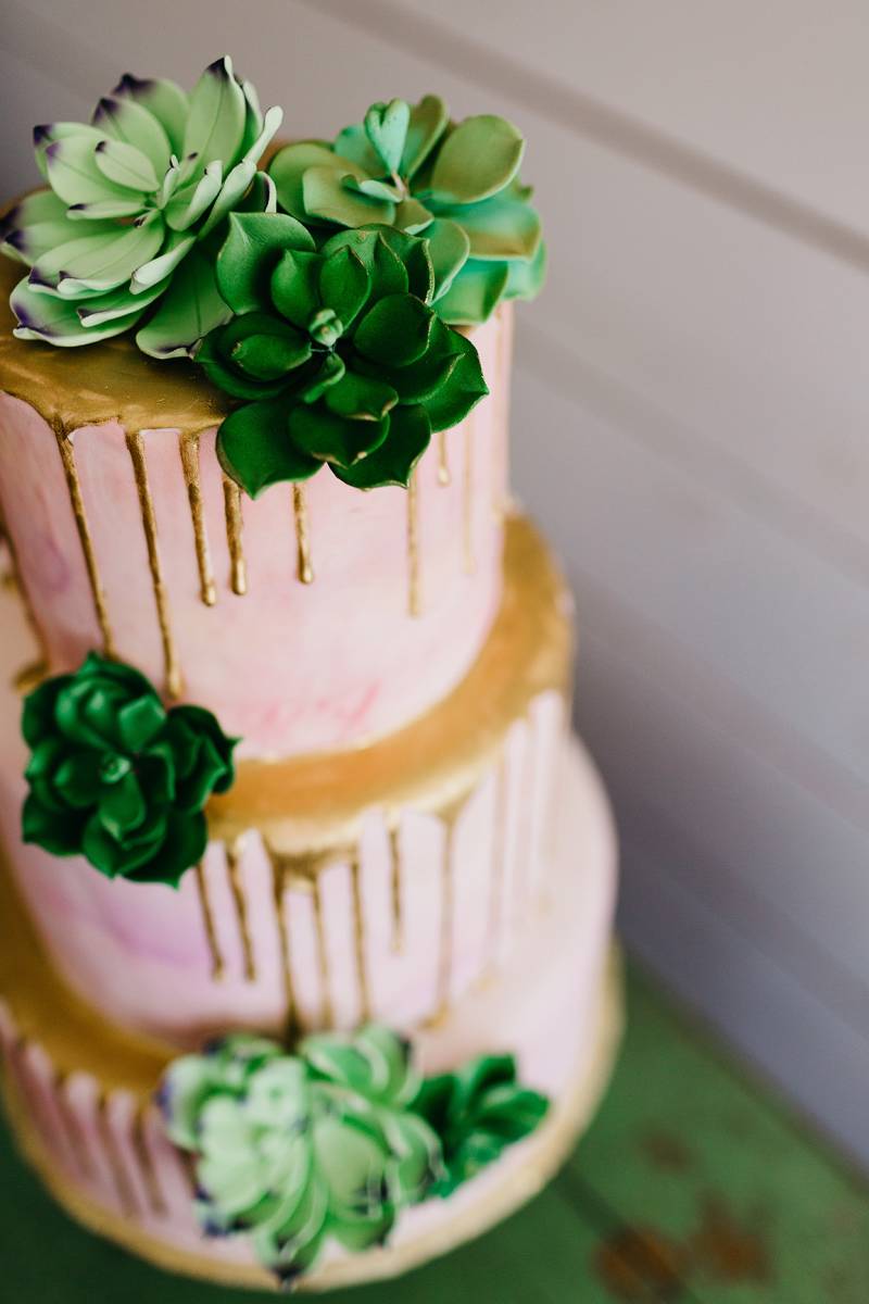 pink gold dripping cake