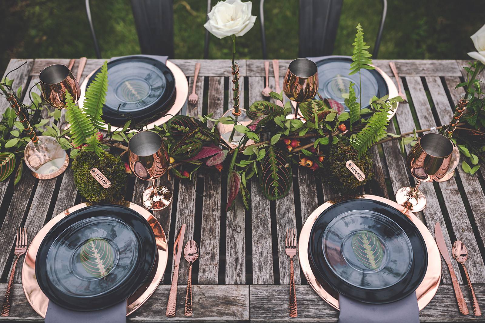 copper wedding table scape setting copper chargers plates dinnerware