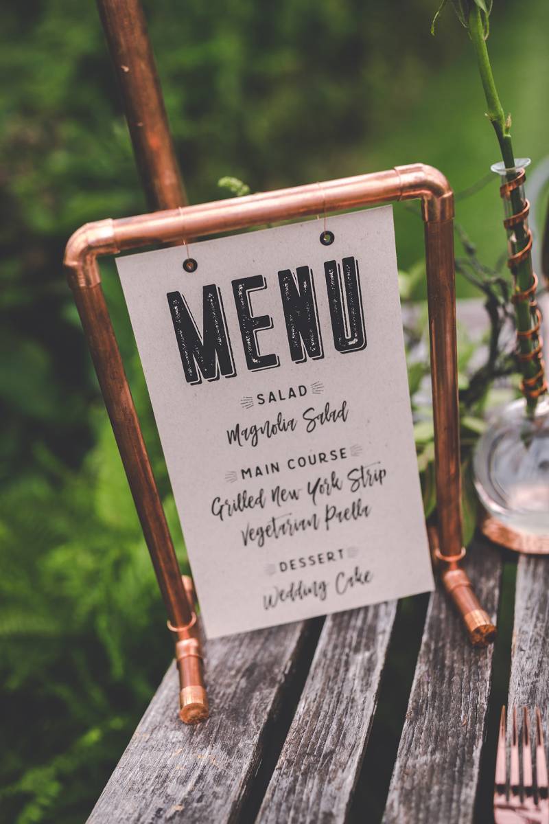wedding menu stationery paper goods sign hanger display dinner menu