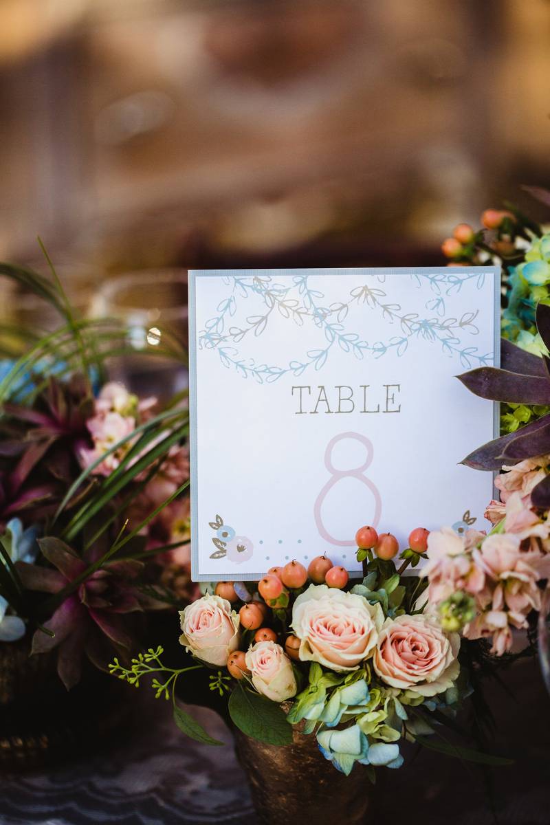 wedding table number stationery paper blush peach floral centerpieces