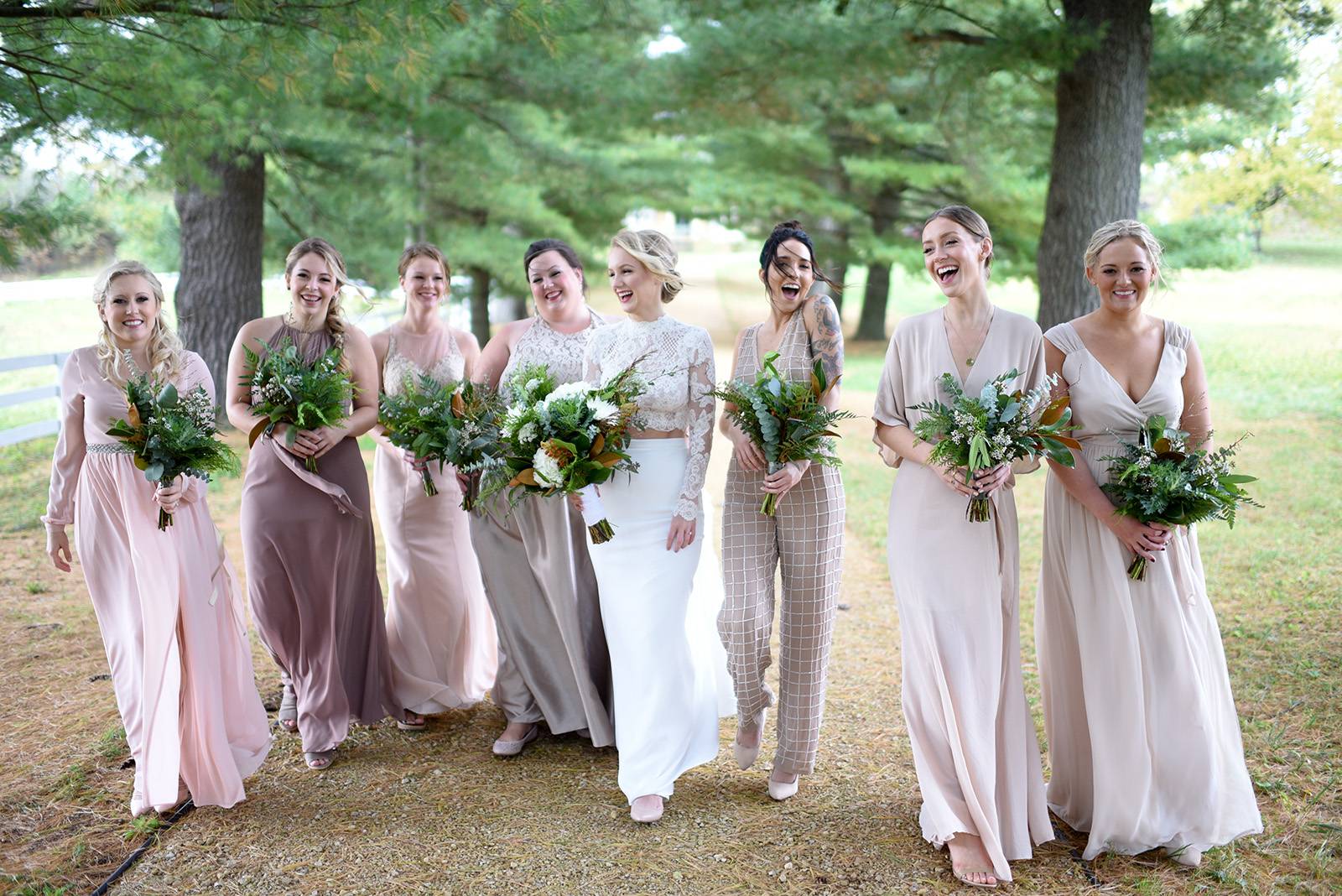 neutral blush mauve bridesmaid dresses, lace long sleeve two piece separates bridal wedding gown dre