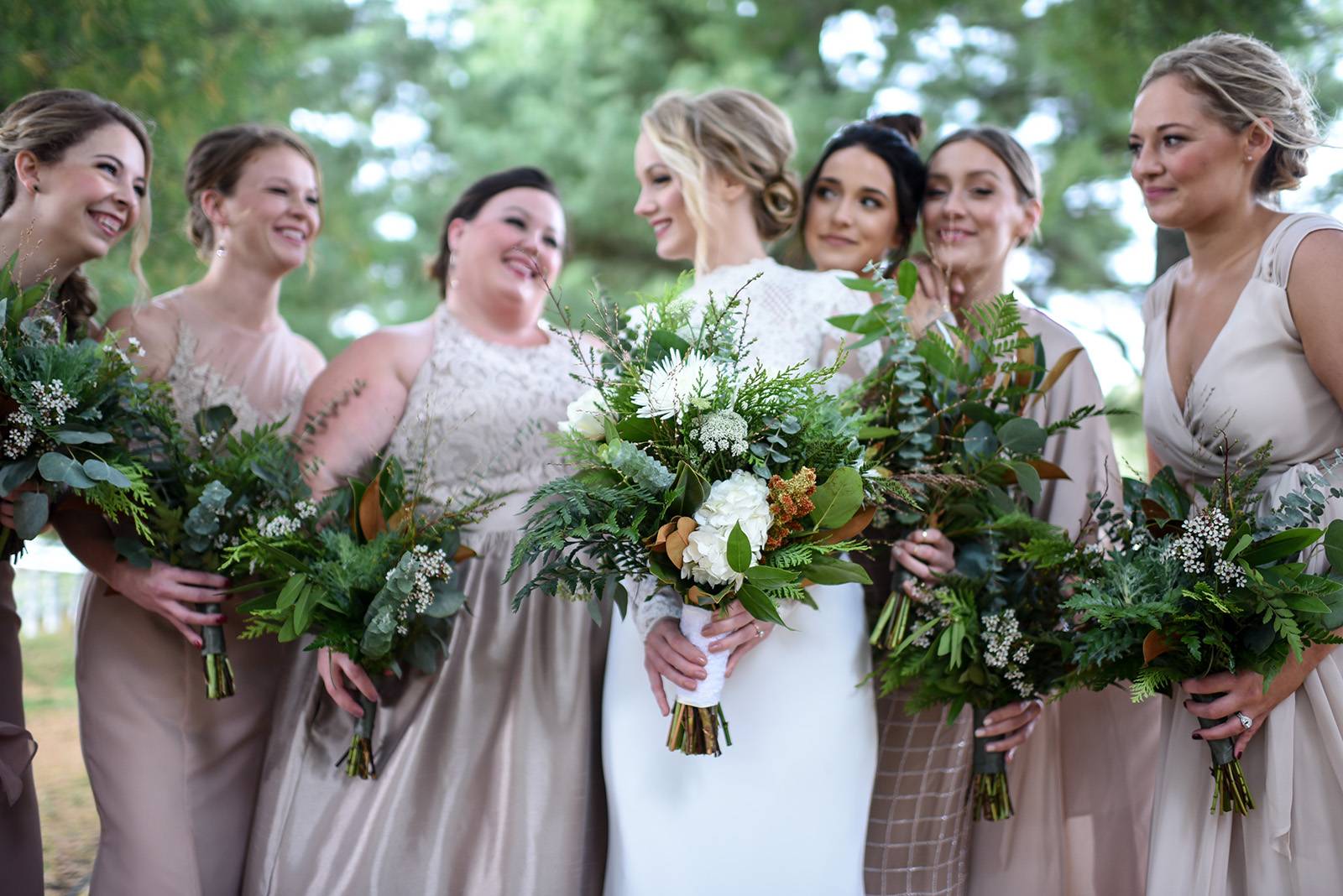 greenery white bouquet, bouquets, flowers, bridesmaids dresses, gown, wedding dress, bridal dress
