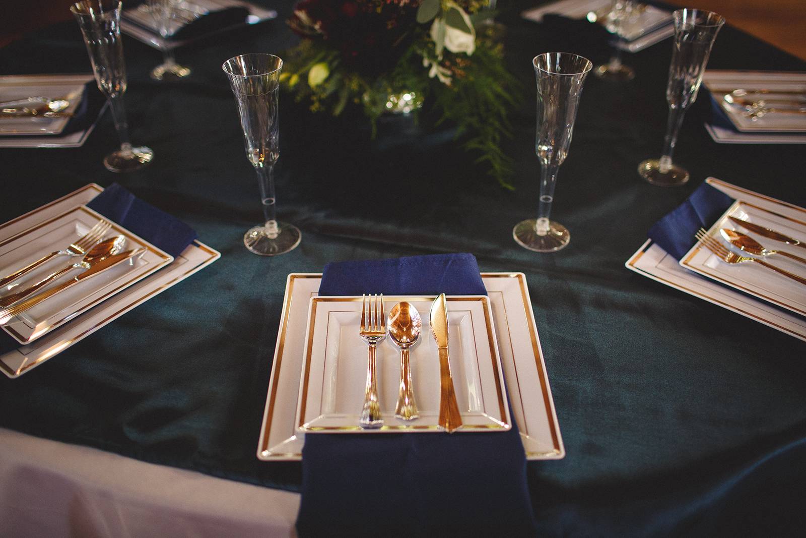 navy wedding table setting, table settings