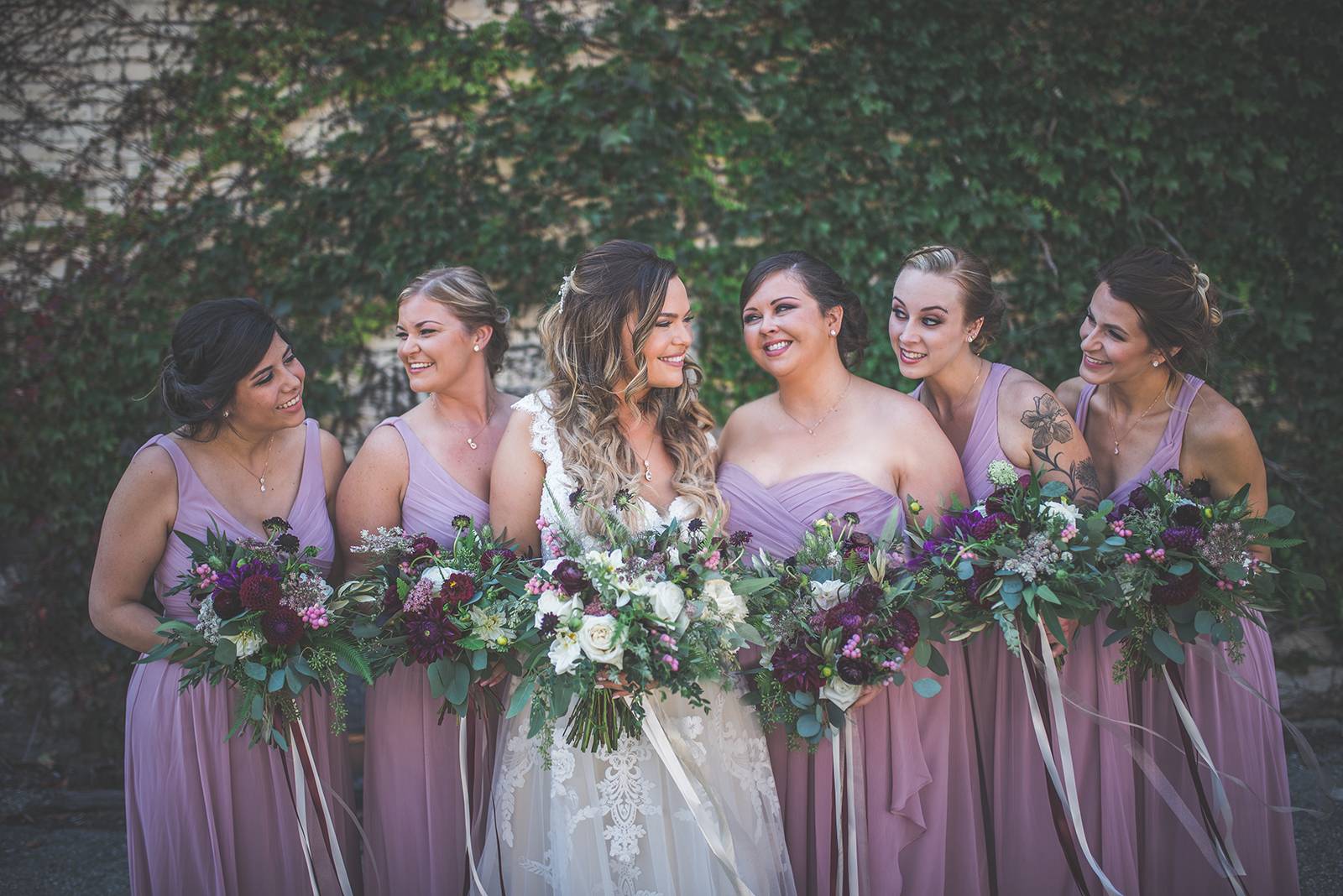 mauve burgundy lavender wedding flowers, bouquet, dresses, bridesmaid dresses