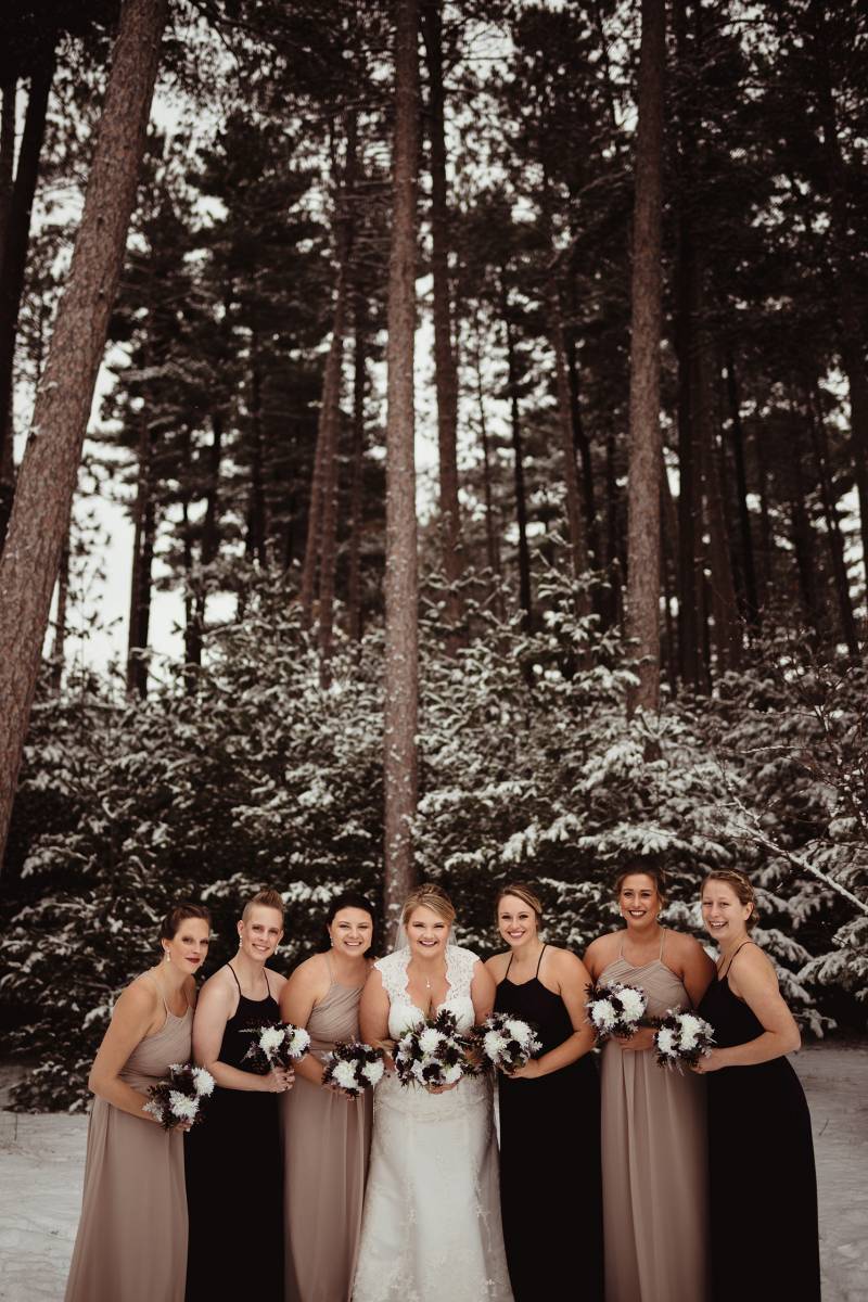 winter wedding, bridesmaids, eggplant dresses