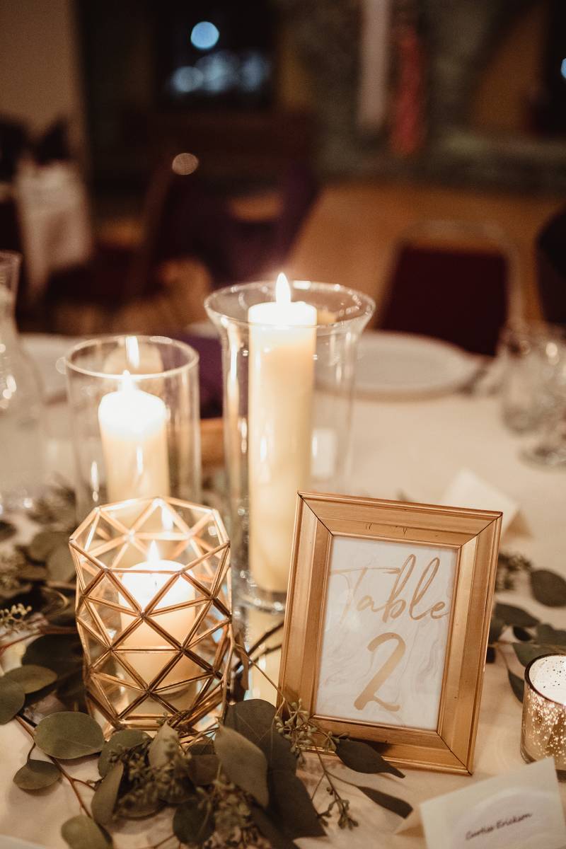 centerpiece, gold white vases, table numbers