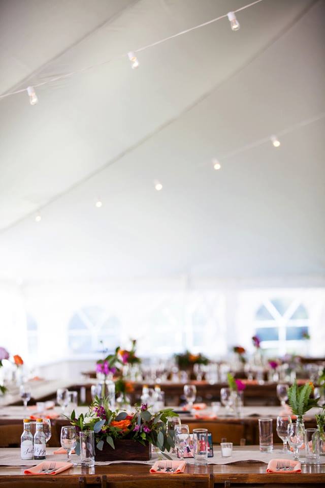 wedding reception tent, harvest tables