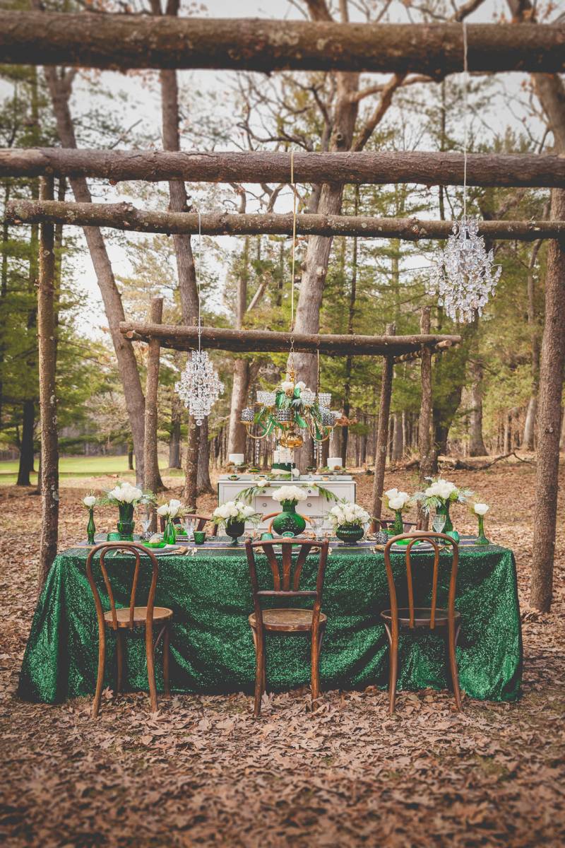 luxe fall woods emerald green wedding inspiration table design