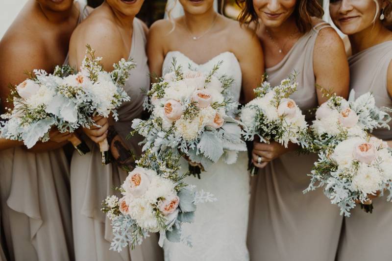 neutral beige cream bridesmaid dresses, bridal bouquet, wedding bouquet