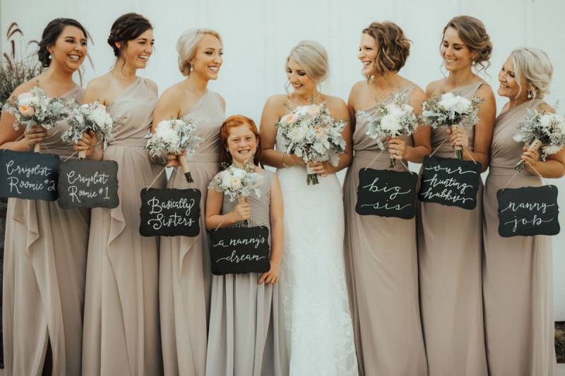 bridesmaids, bridal party, bridesmaid signs, nude beige bridesmaid dresses