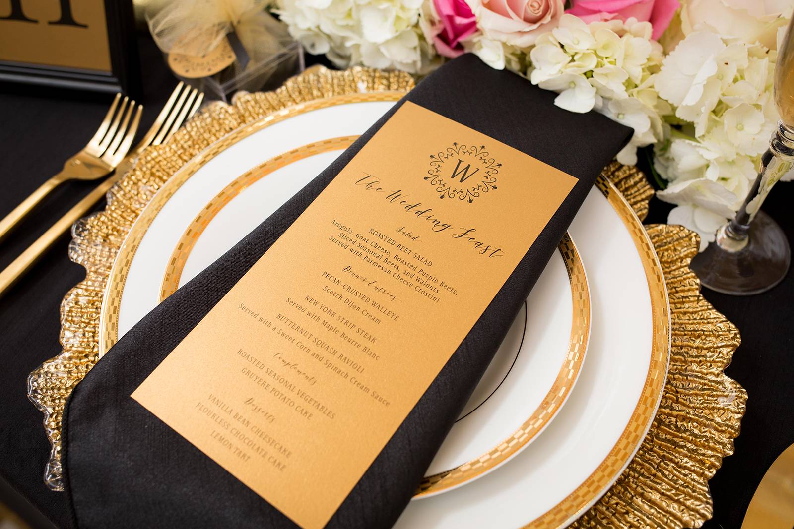 black gold modern glam table place setting, gold charger plates, wedding menu